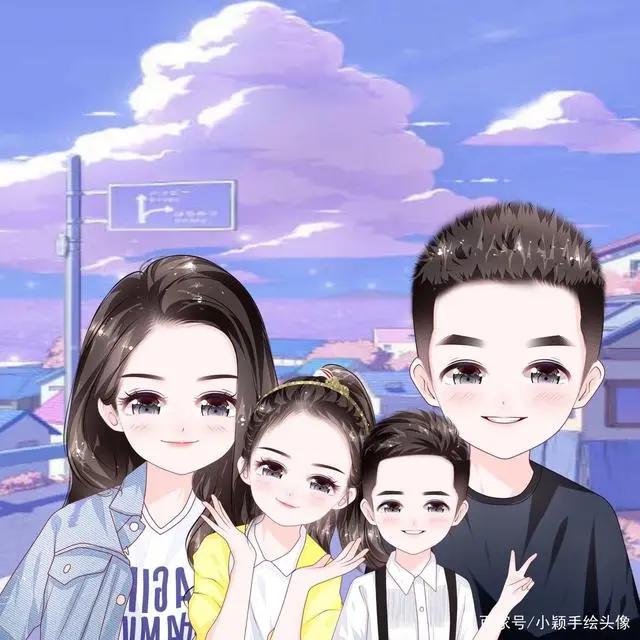 漫画全家福，简单温馨的家庭头像，甜蜜幸福的手绘图片