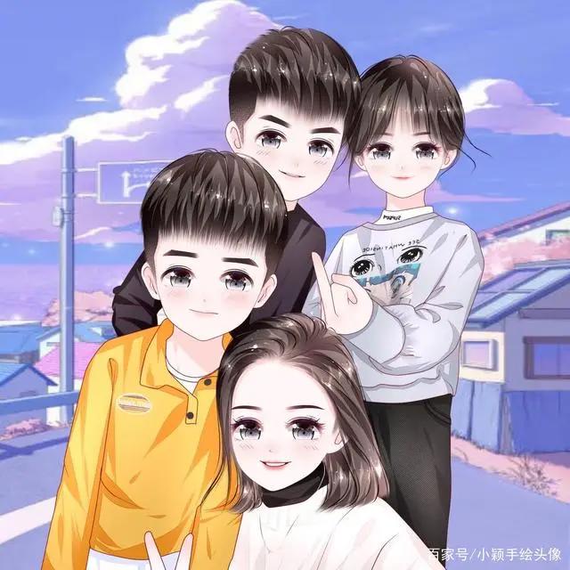 漫画全家福，简单温馨的家庭头像，甜蜜幸福的手绘图片