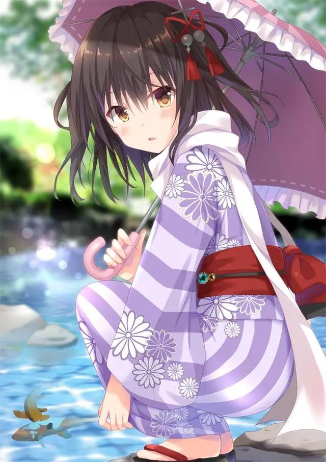 动漫图片：穿着浴服的二次元美少女