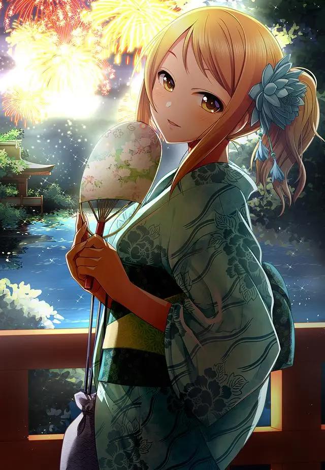 动漫图片：穿着浴服的二次元美少女