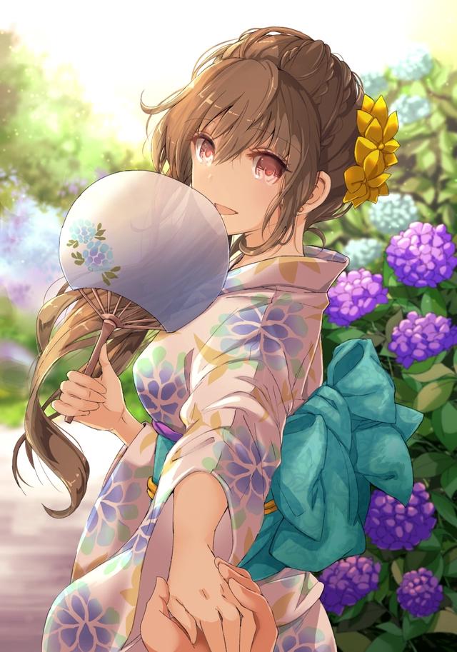 动漫图片：穿着浴服的二次元美少女