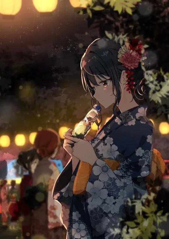 动漫图片：穿着浴服的二次元美少女